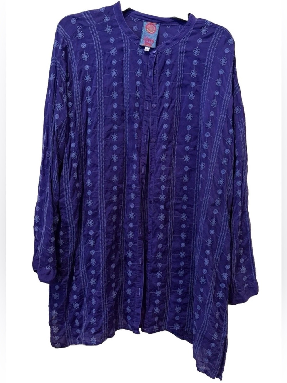 Johnny Was Purple Embroidered Button-Front Tunic Women’s Size Large EUC